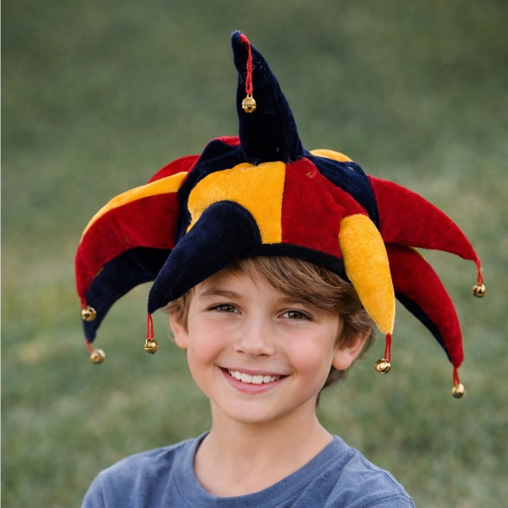 Vintage Velvet Jester Hat with Bells – Red, Navy & Yellow